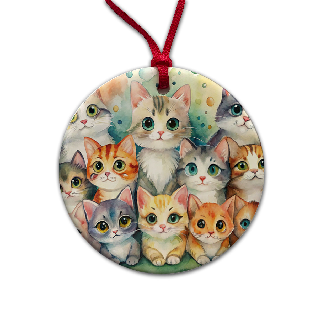 Lots Of Cute Cats Watercolor Round Ceramic Holiday Christmas Tree Ornament