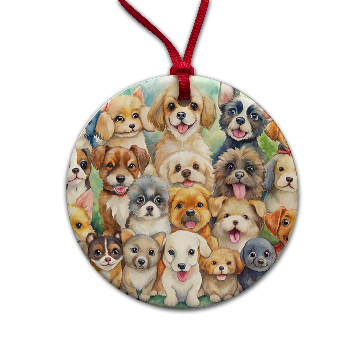 Lots Of Cute Dogs Watercolor Round Ceramic Holiday Christmas Tree Ornament