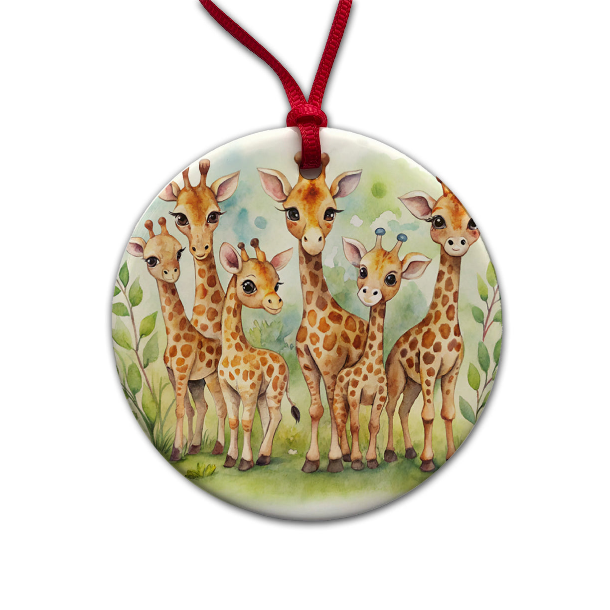 Lots Of Cute Giraffes Watercolor Round Ceramic Holiday Christmas Tree Ornament