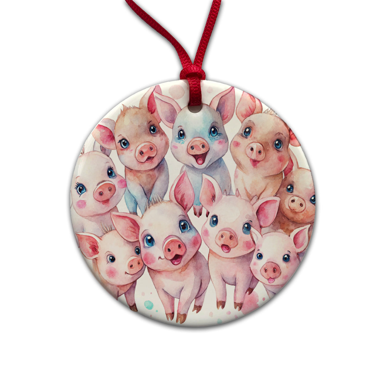 Lots Of Cute Pigs Watercolor Round Ceramic Holiday Christmas Tree Ornament