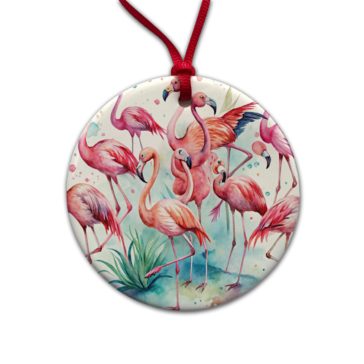 Lots Of Flamingos Watercolor Round Ceramic Holiday Christmas Tree Ornament