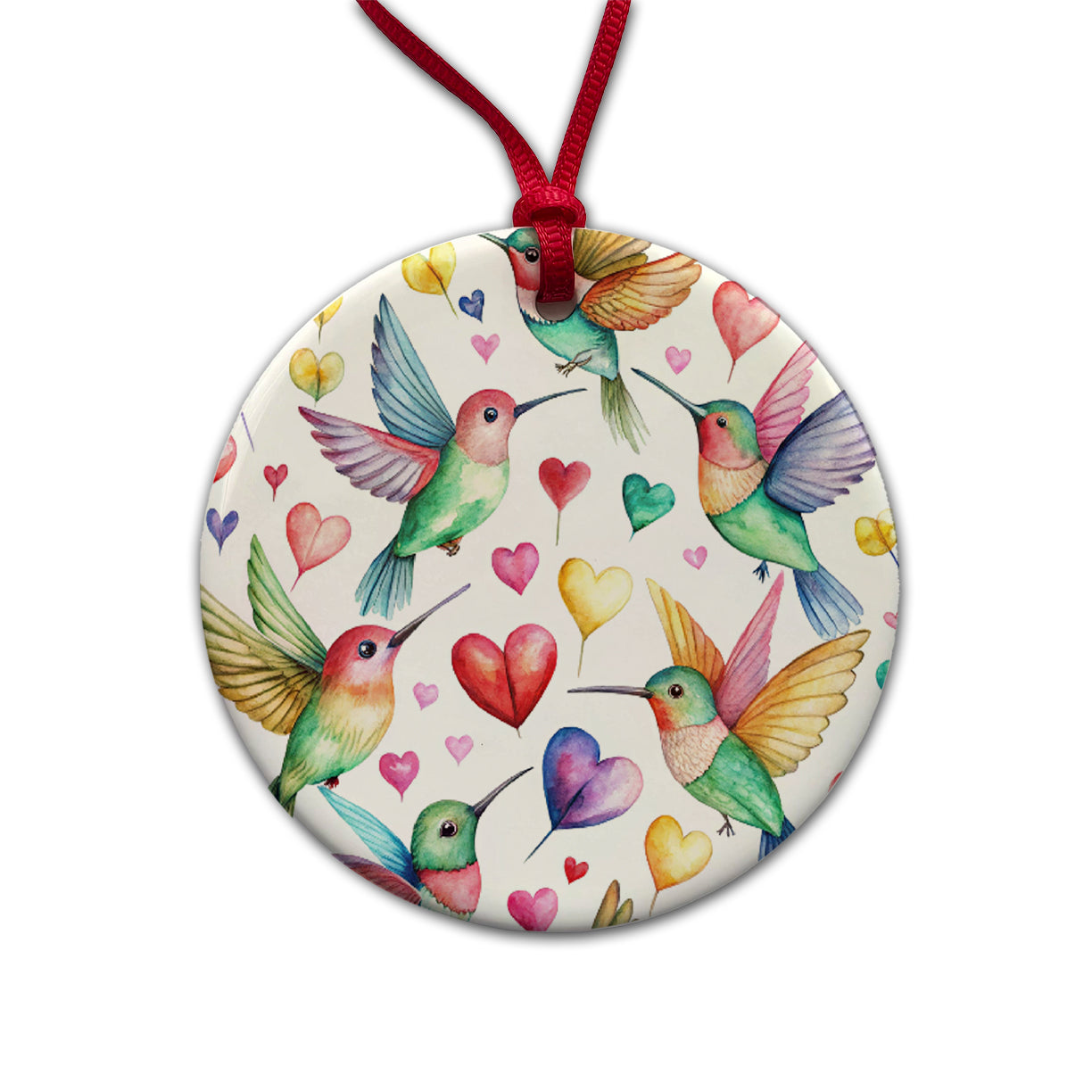 Lots Of Hummingbirds And Hearts Round Ceramic Holiday Christmas Tree Ornament