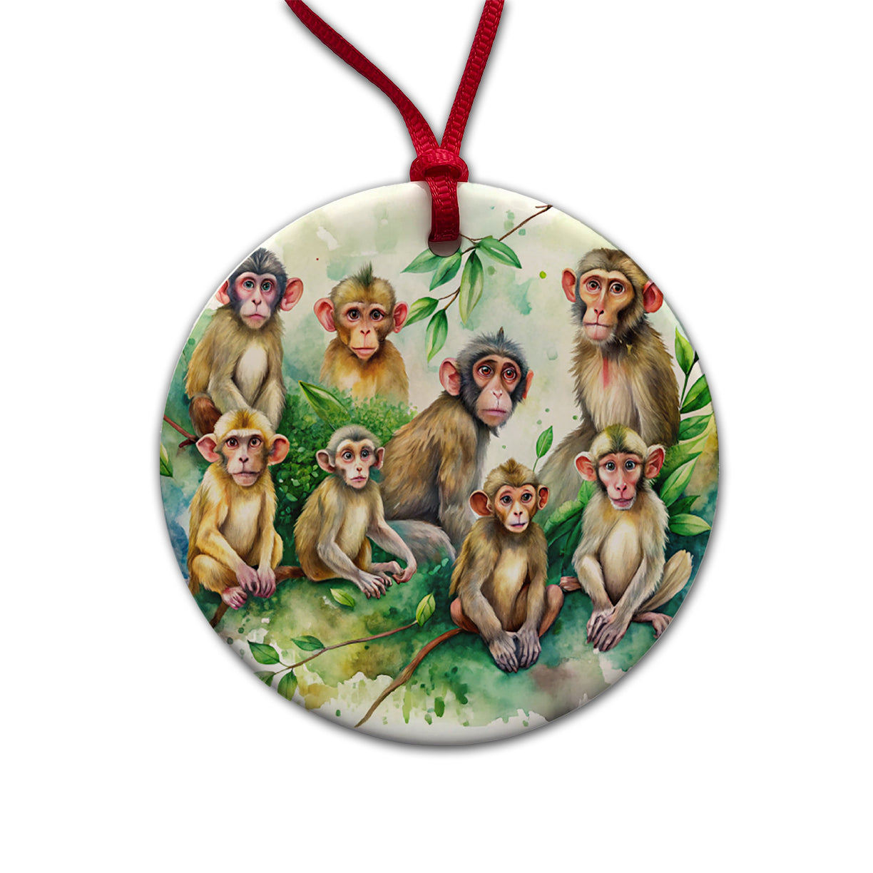 Lots Of Monkeys Watercolor Round Ceramic Holiday Christmas Tree Ornament