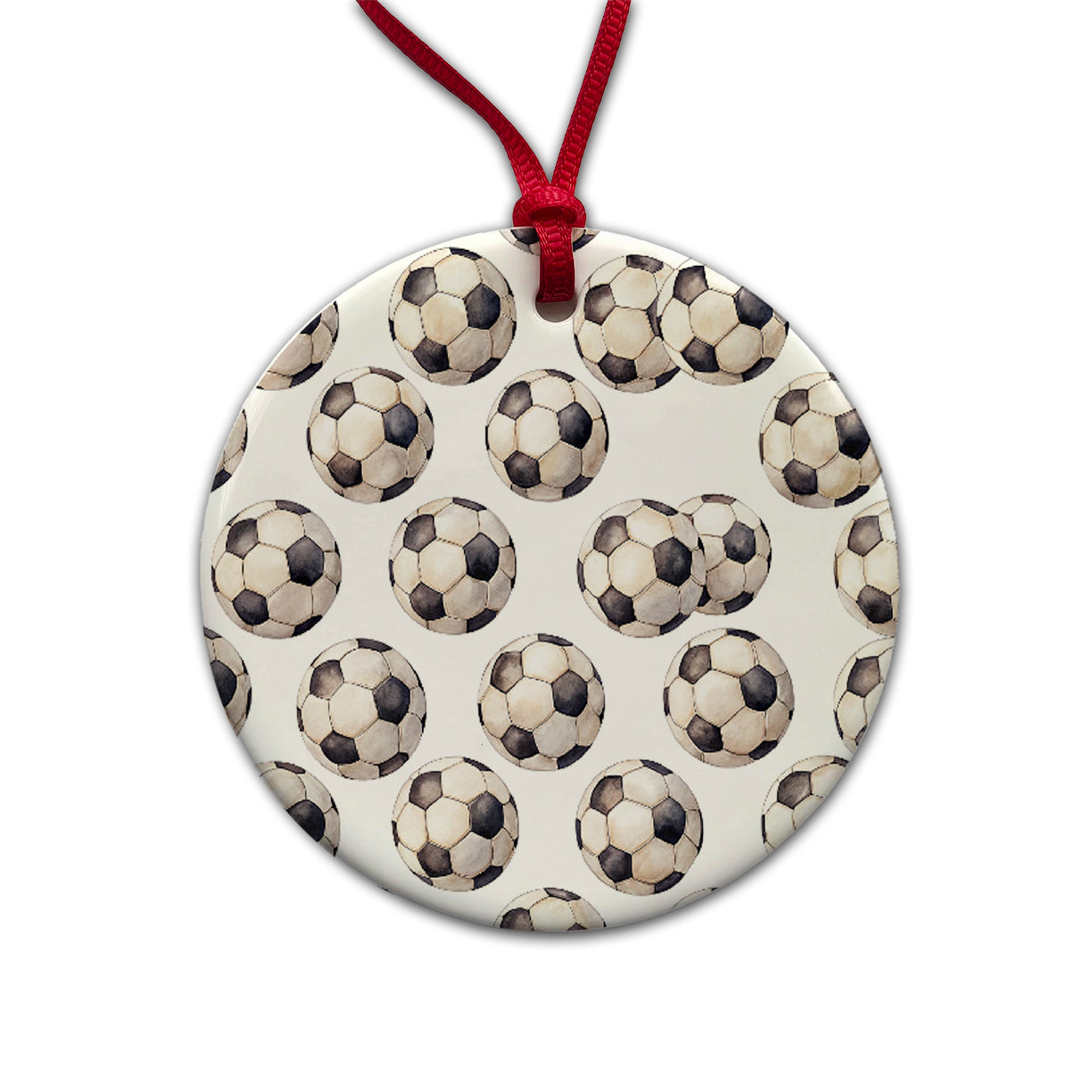 Lots Of Soccer Balls Footballs Round Ceramic Holiday Christmas Tree Ornament