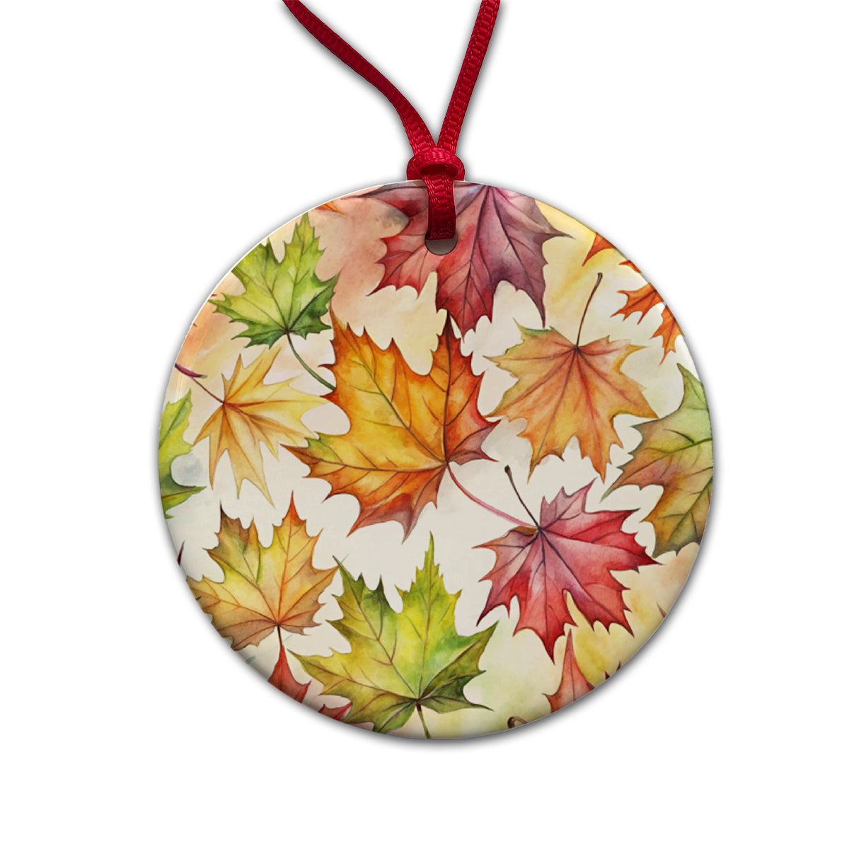 Maple Leaves Watercolor Round Ceramic Holiday Christmas Tree Ornament