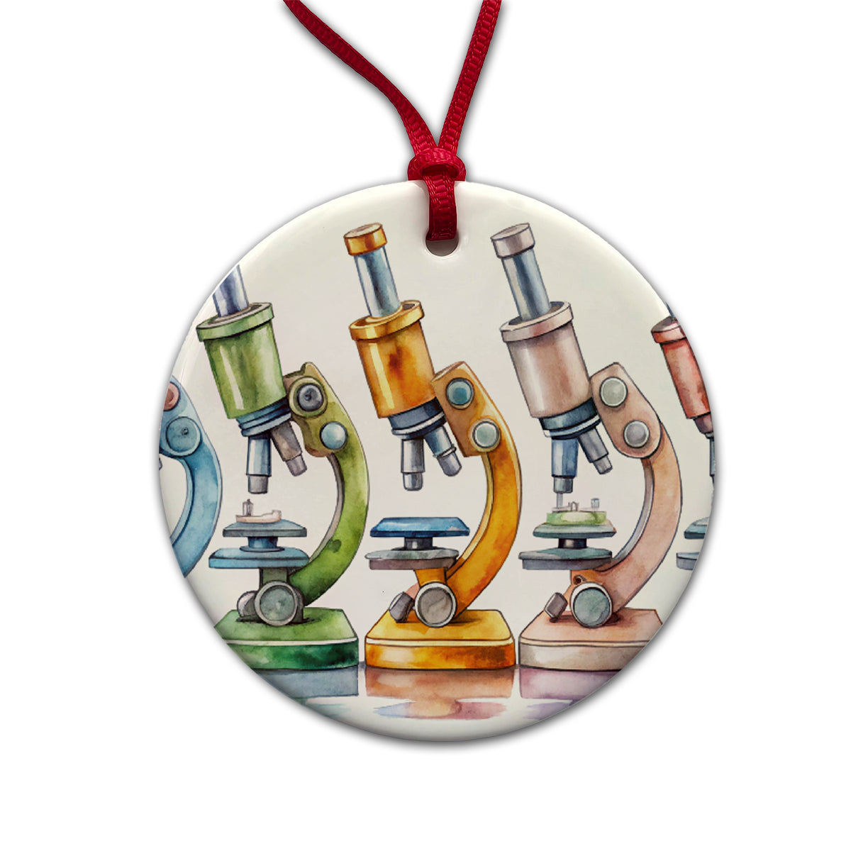 Microscopes In A Row Science Scientist Lab Anatomy Teacher Round Ceramic Holiday Christmas Tree Ornament