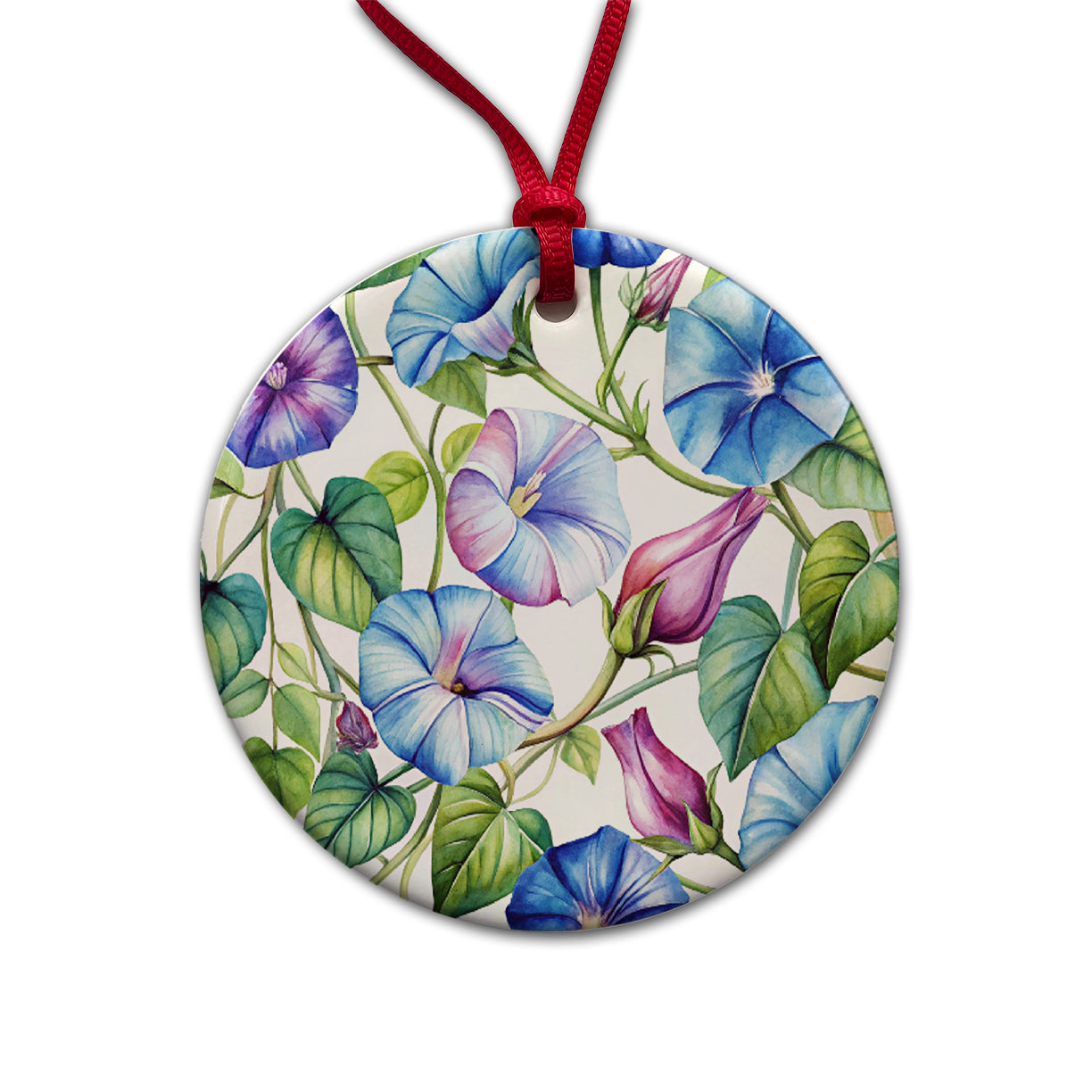 Morning Glories Flowers Watercolor Round Ceramic Holiday Christmas Tree Ornament