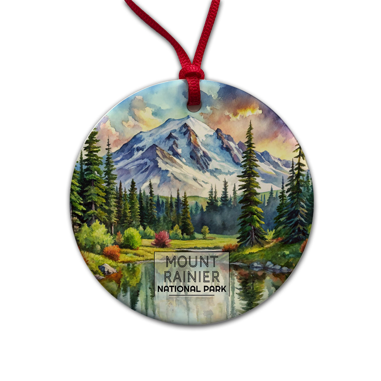 Mount Rainier National Park Washington Watercolor Round Ceramic Holiday Christmas Tree Ornament