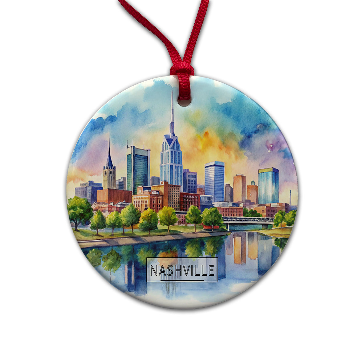 Nashville Tennessee Travel City Watercolor Round Ceramic Holiday Christmas Tree Ornament