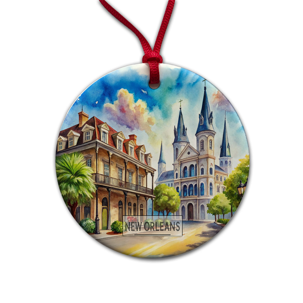 New Orleans Louisiana Travel City Watercolor Round Ceramic Holiday Christmas Tree Ornament