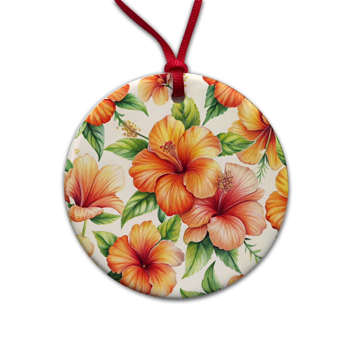 Orange Hibiscus Flowers Watercolor Round Ceramic Holiday Christmas Tree Ornament