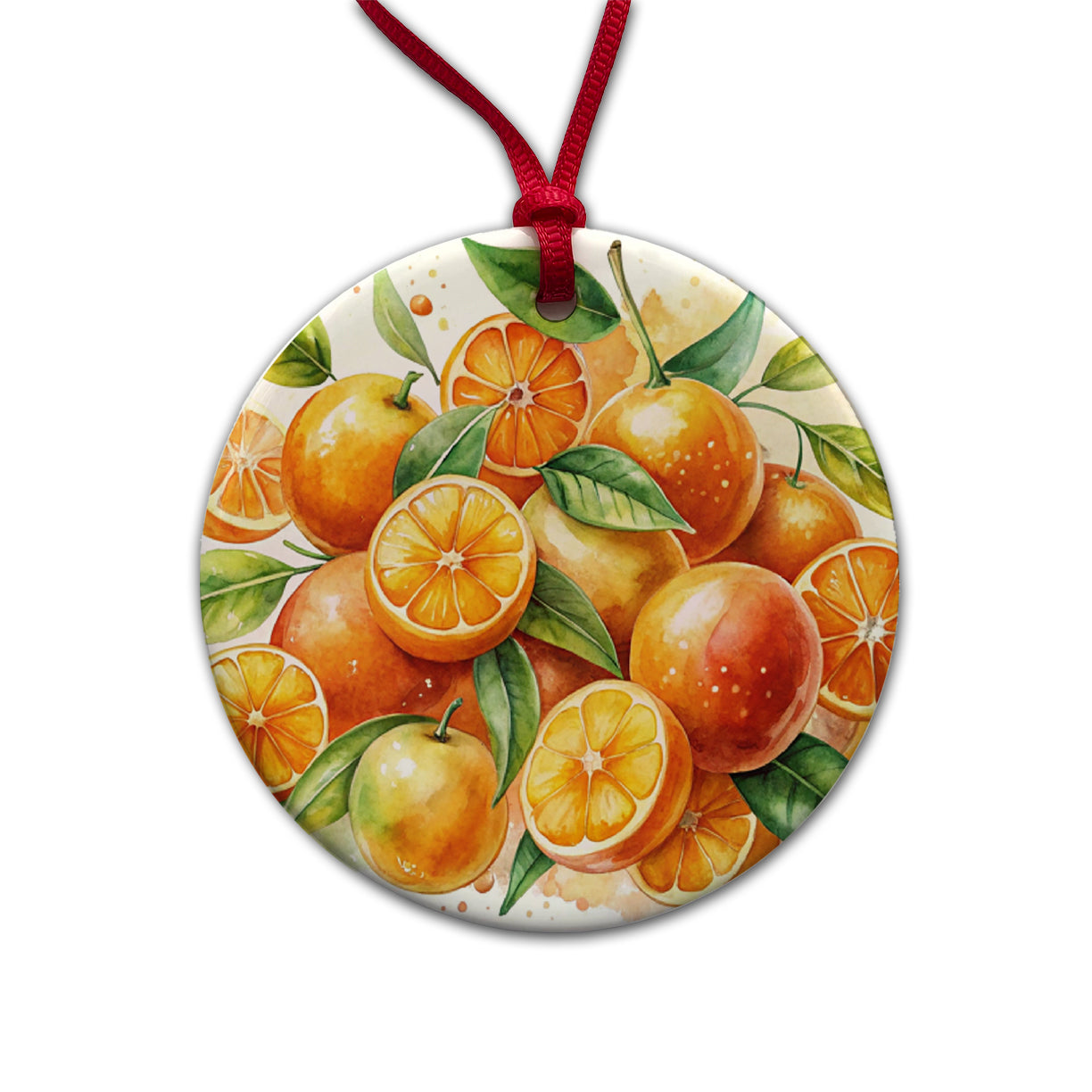 Oranges Fruit Watercolor Round Ceramic Holiday Christmas Tree Ornament