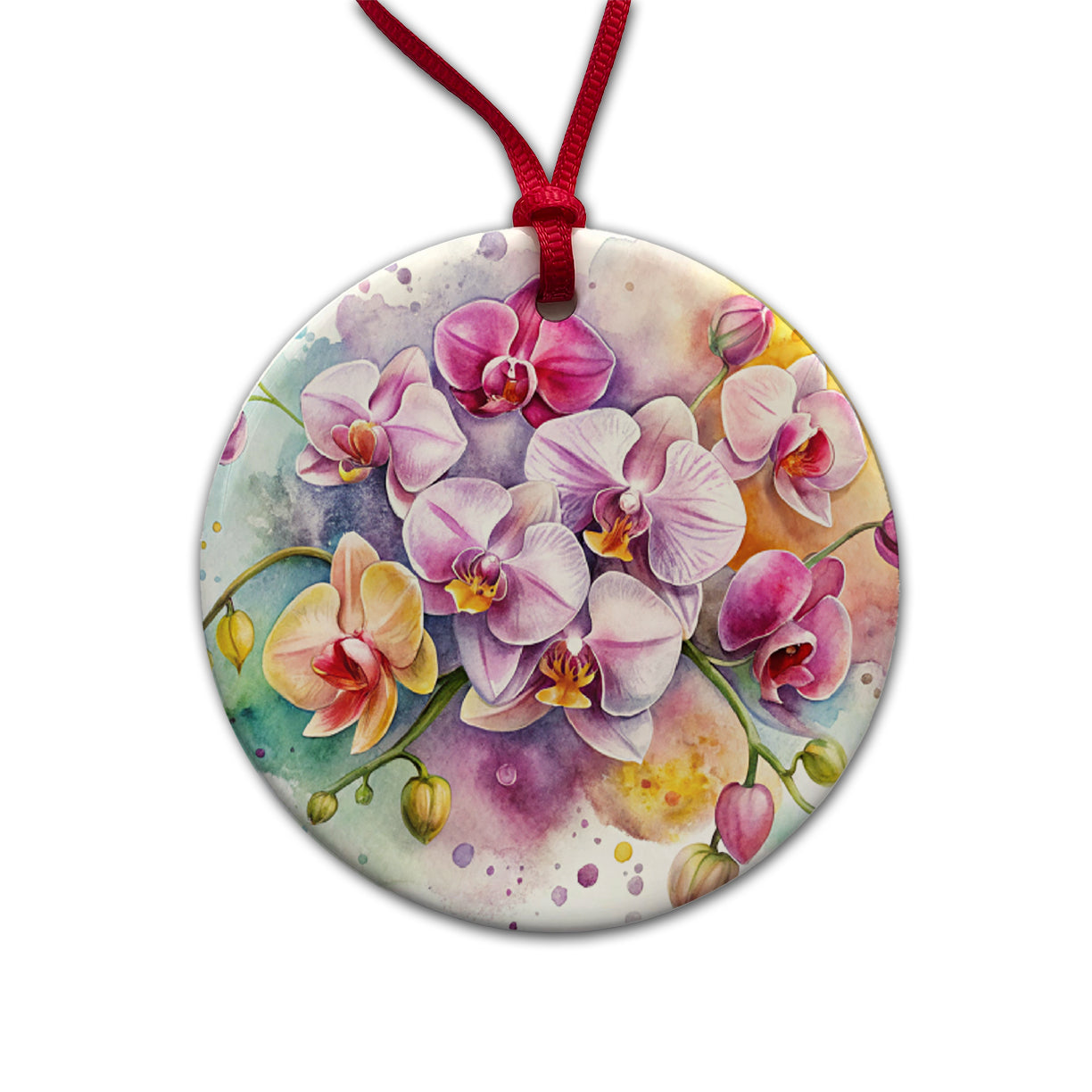 Orchids Flowers Watercolor Round Ceramic Holiday Christmas Tree Ornament