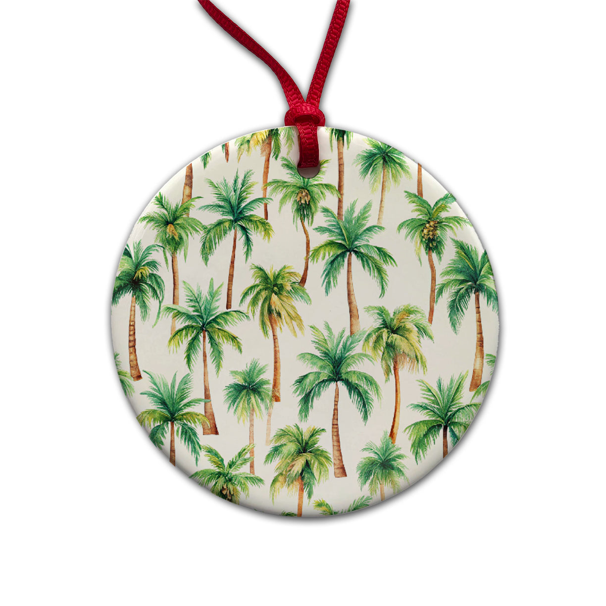 Palm Trees Pattern Watercolor Round Ceramic Holiday Christmas Tree Ornament