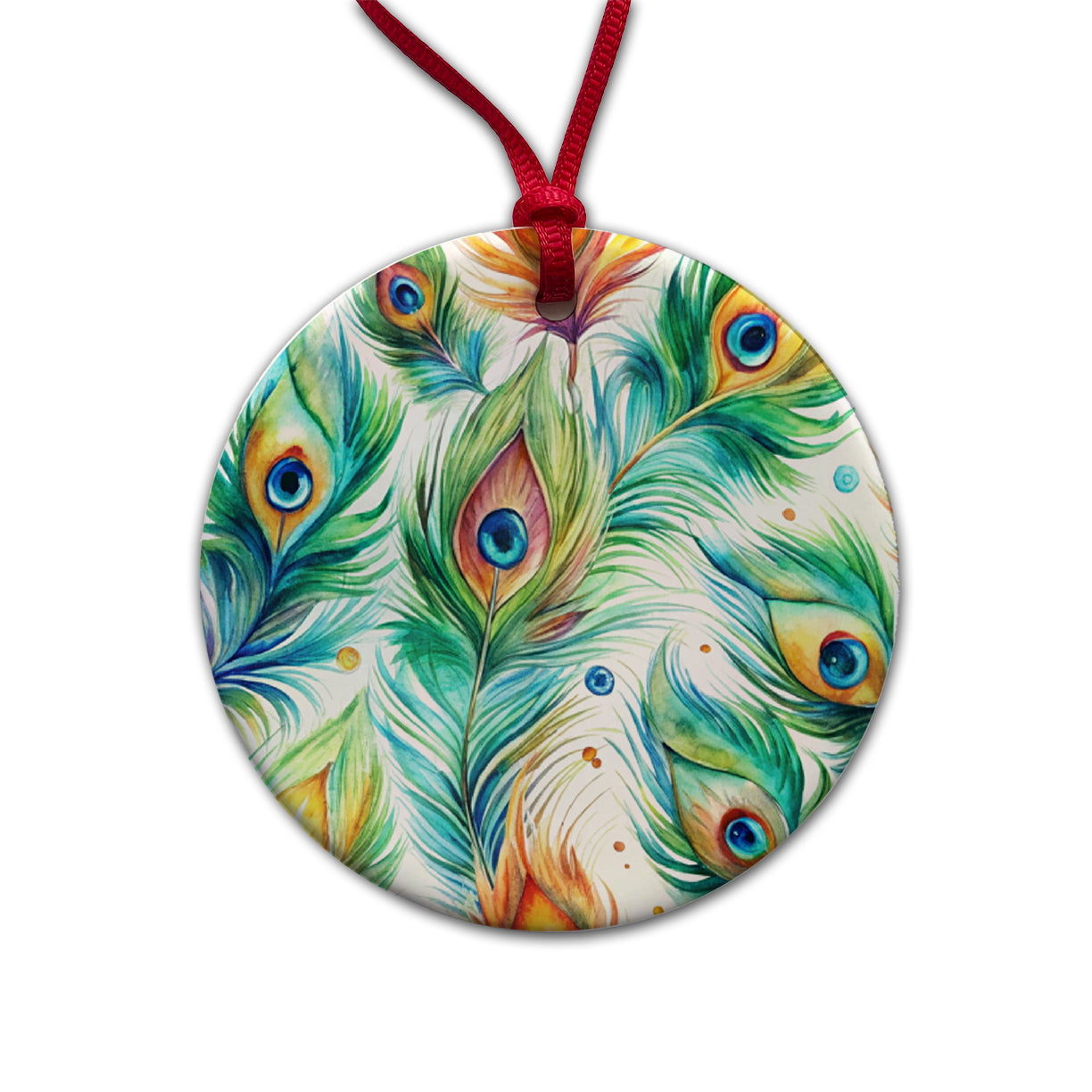 Peacock Feathers Watercolor Round Ceramic Holiday Christmas Tree Ornament