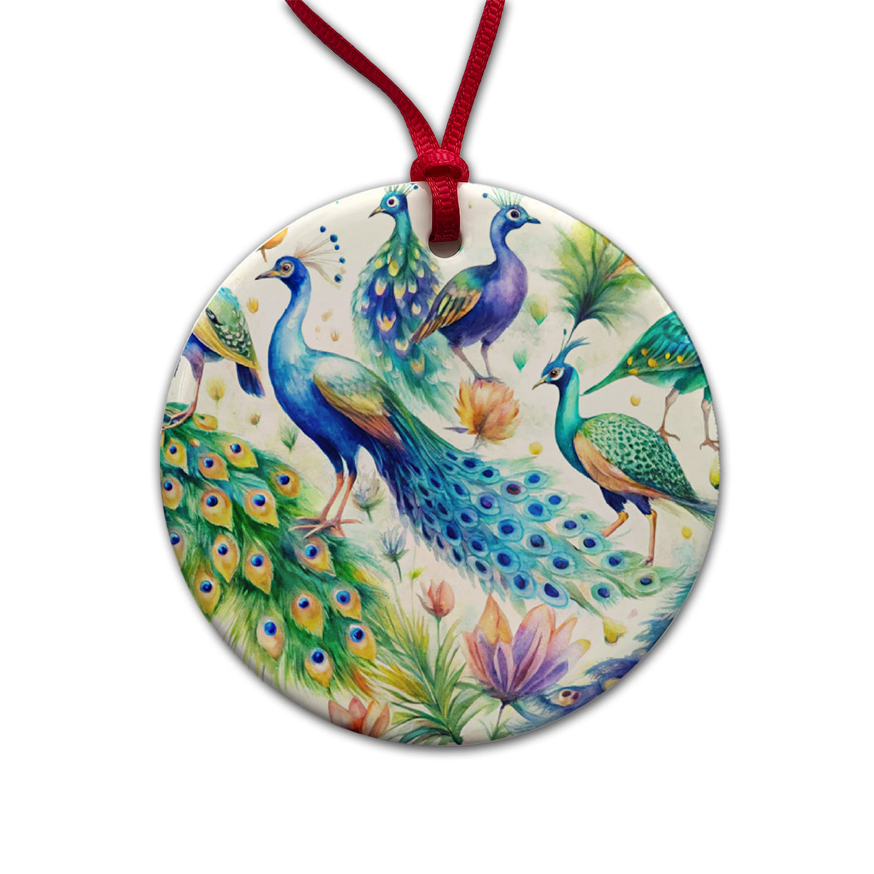 Peacocks Beautiful Birds Watercolor Round Ceramic Holiday Christmas Tree Ornament