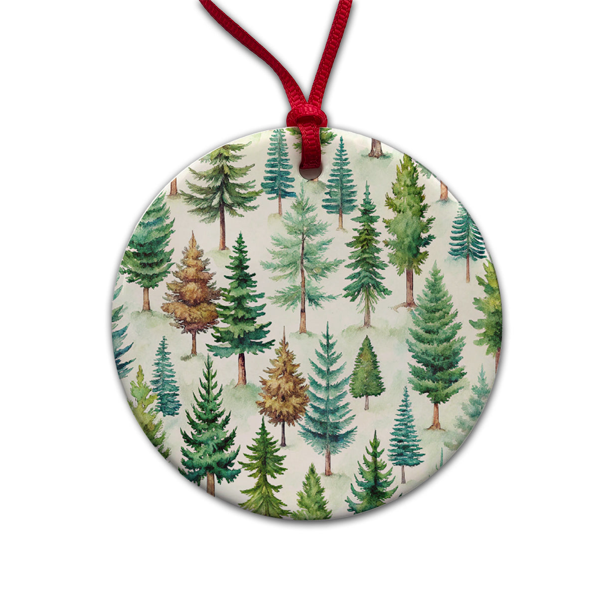 Pine Trees Forest Round Ceramic Holiday Christmas Tree Ornament