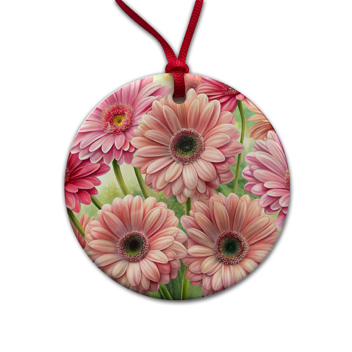 Pink Gerbera Daisies Flowers Watercolor Round Ceramic Holiday Christmas Tree Ornament