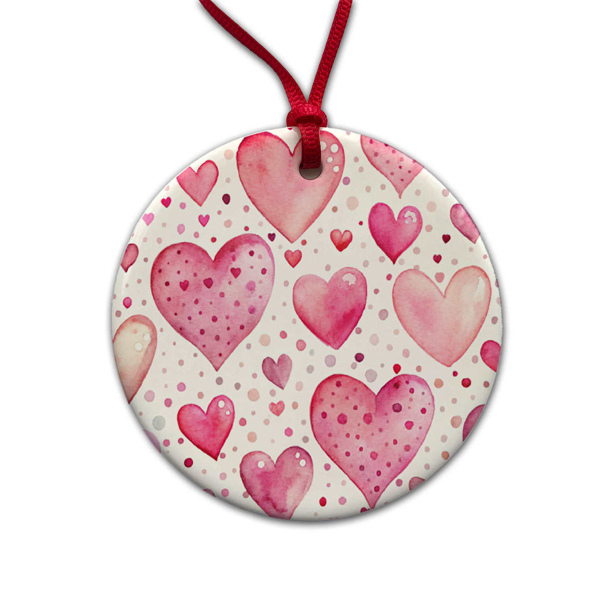 Pink Hearts Polka Dots Valentine's Love Anniversary Round Ceramic Holiday Christmas Tree Ornament