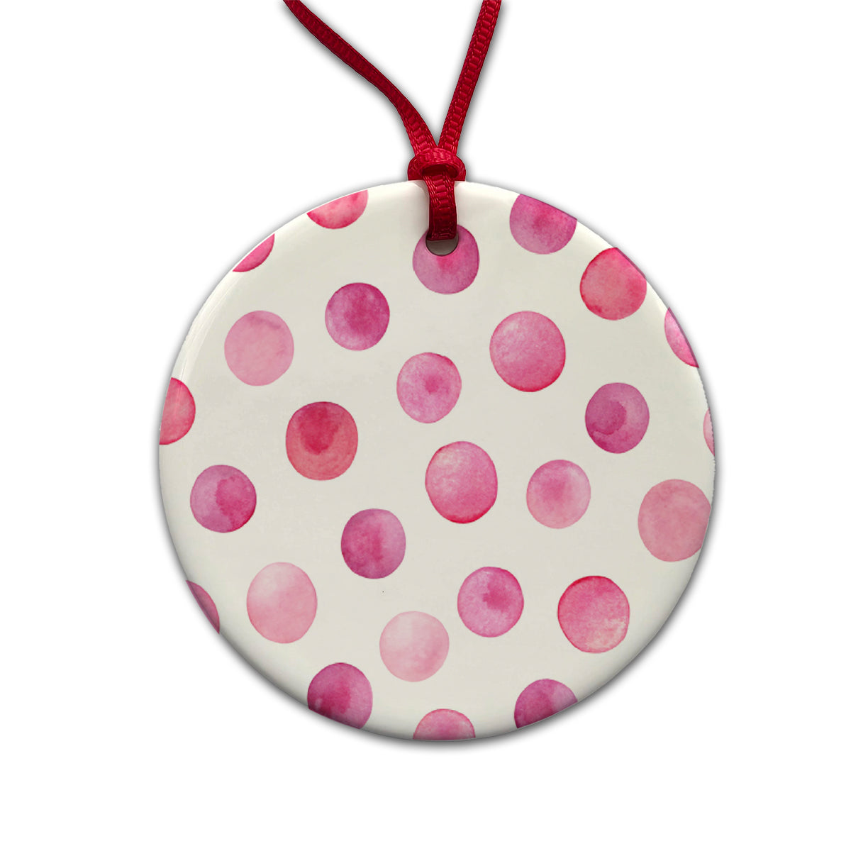 Pink Polka Dots White Background Round Ceramic Holiday Christmas Tree Ornament