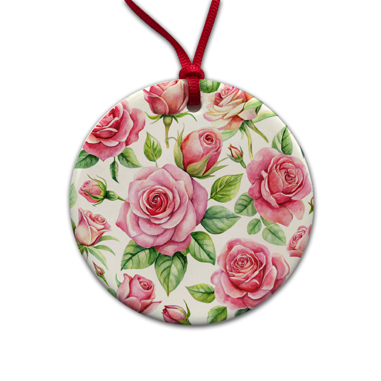 Pink Roses Flowers Watercolor Round Ceramic Holiday Christmas Tree Ornament
