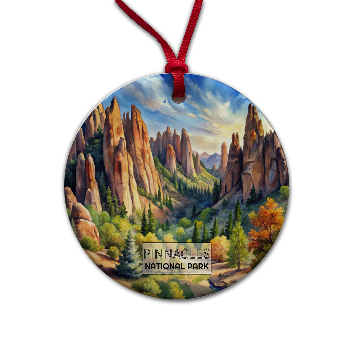 Pinnacles National Park California Watercolor Round Ceramic Holiday Christmas Tree Ornament