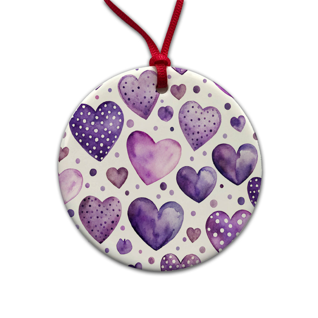 Purple Hearts Polka Dots Watercolor Round Ceramic Holiday Christmas Tree Ornament