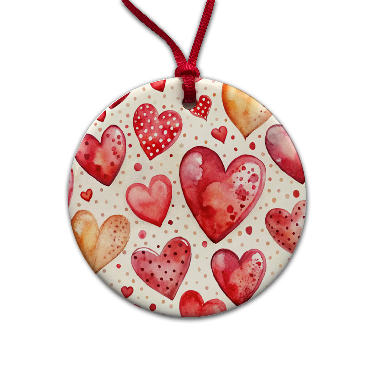 Red Hearts Polka Dots Love Valentine's Day Anniversary Round Ceramic Holiday Christmas Tree Ornament