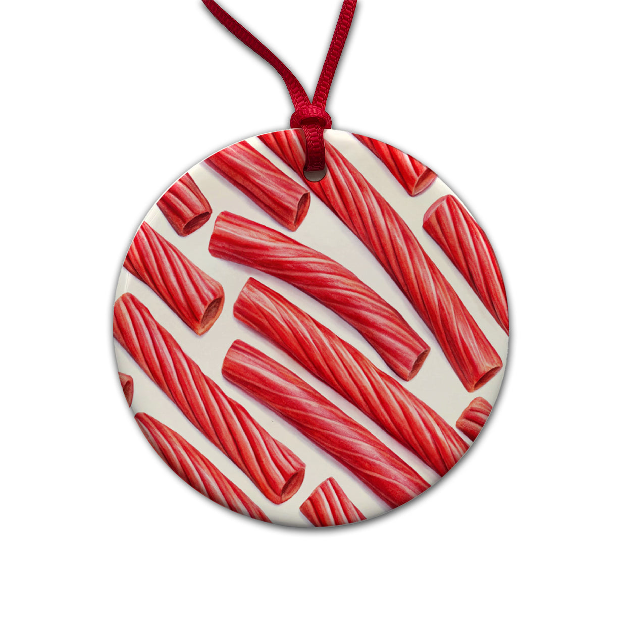 Red Licorice Round Ceramic Holiday Christmas Tree Ornament