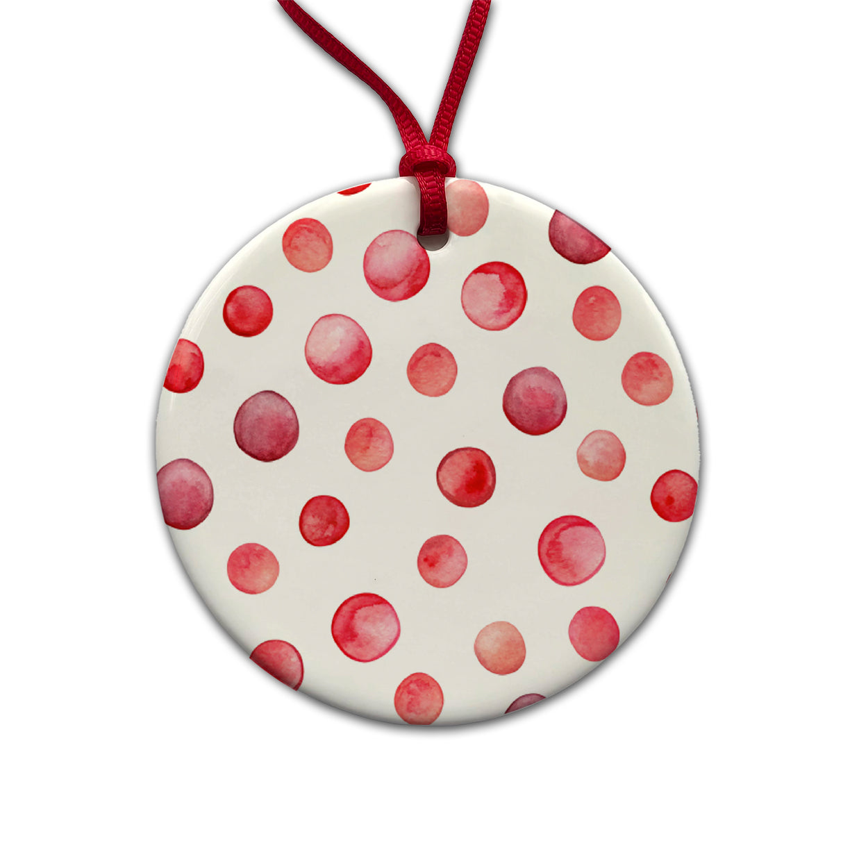 Red Polka Dots Fun White Background Round Ceramic Holiday Christmas Tree Ornament