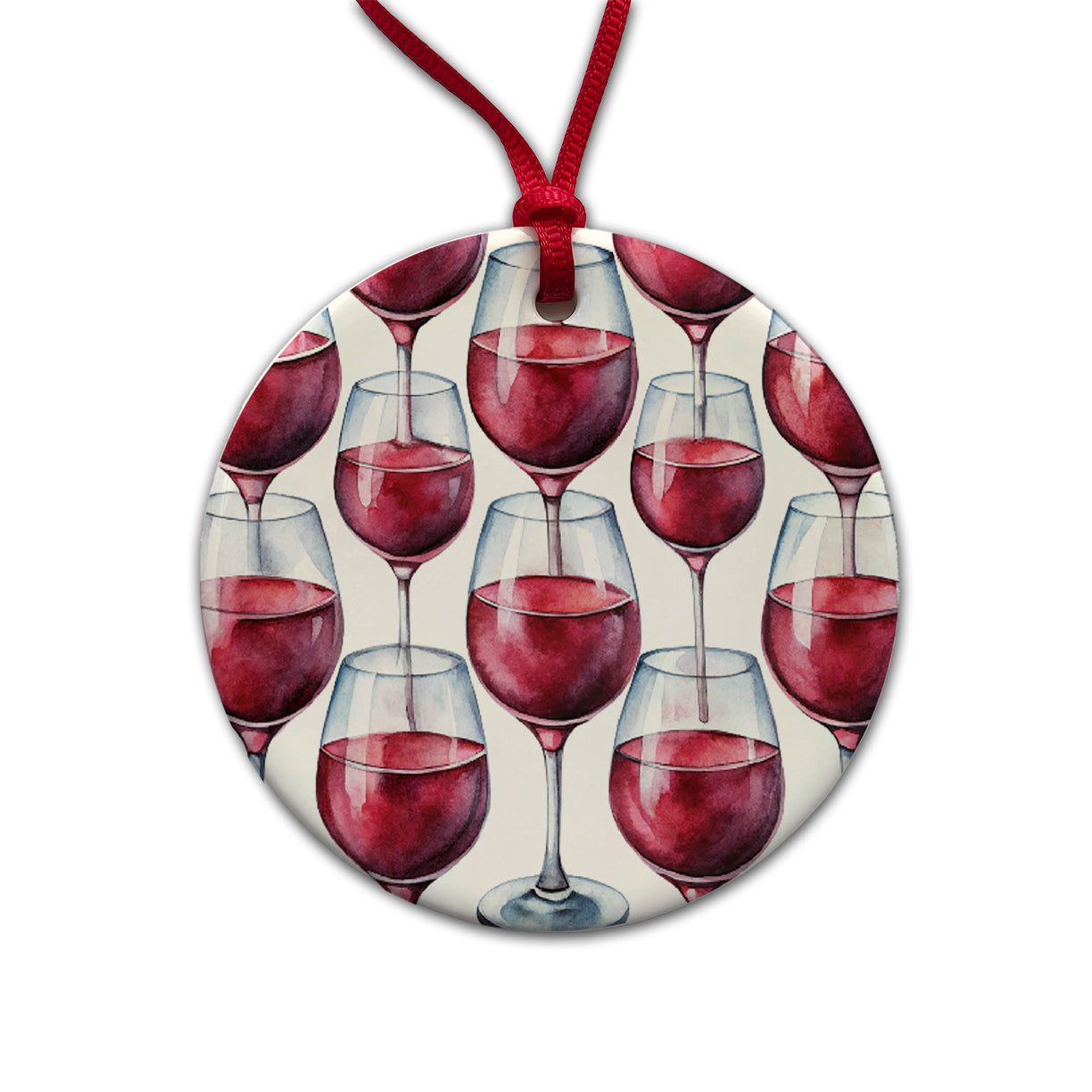 Red Wine Glasses Watercolor Round Ceramic Holiday Christmas Tree Ornament