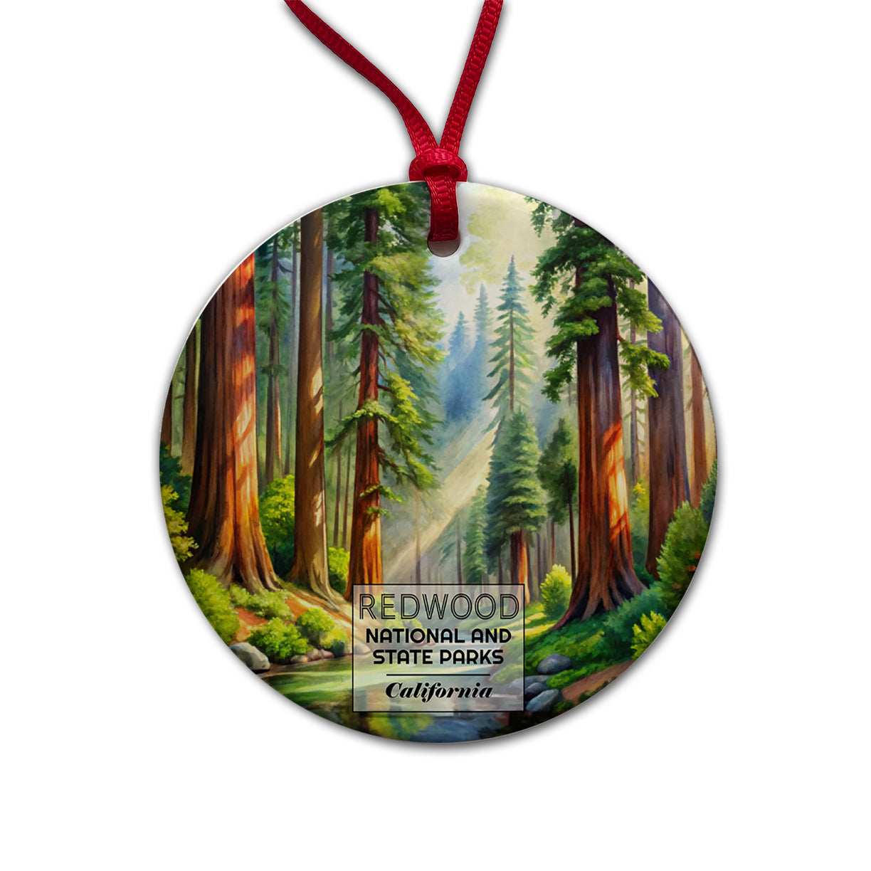 Redwood National Park California Watercolor Round Ceramic Holiday Christmas Tree Ornament