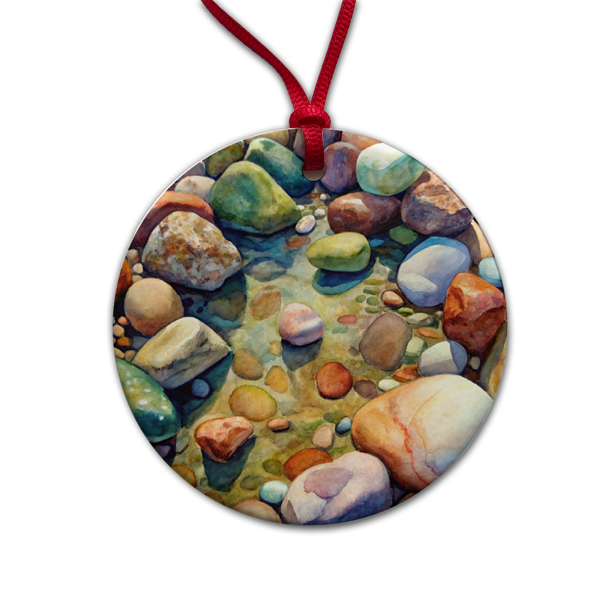 River Rocks Watercolor Round Ceramic Holiday Christmas Tree Ornament