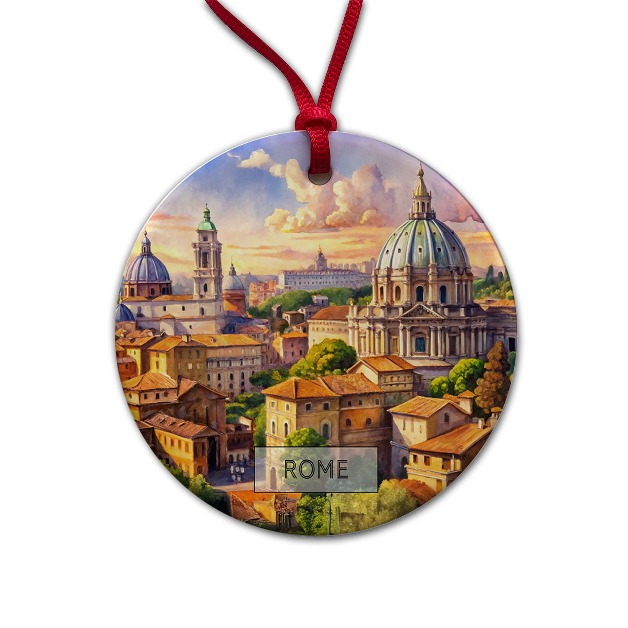 Rome Italy Travel City Watercolor Round Ceramic Holiday Christmas Tree Ornament