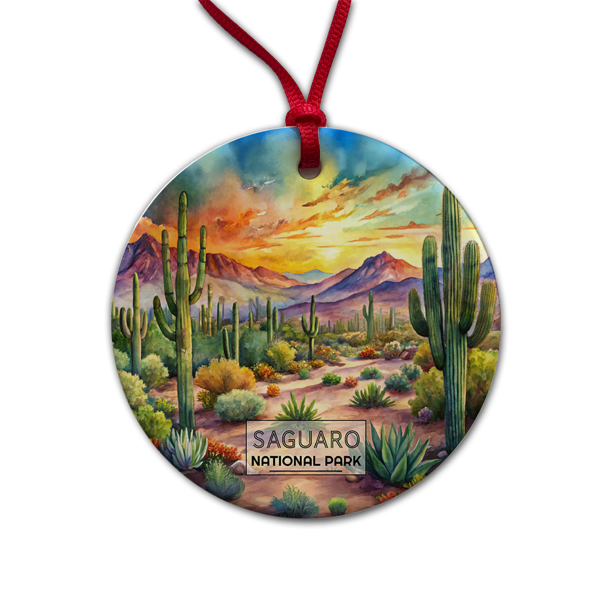 Saguaro National Park Cactus Arizona Watercolor Round Ceramic Holiday Christmas Tree Ornament