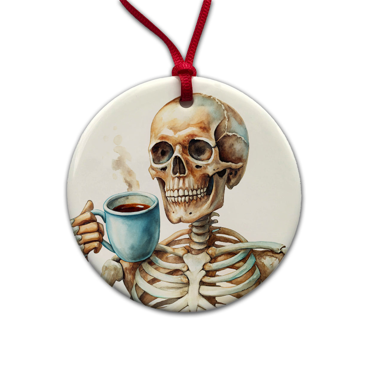 Skeleton Drinking Coffee Watercolor Round Ceramic Holiday Christmas Tree Ornament