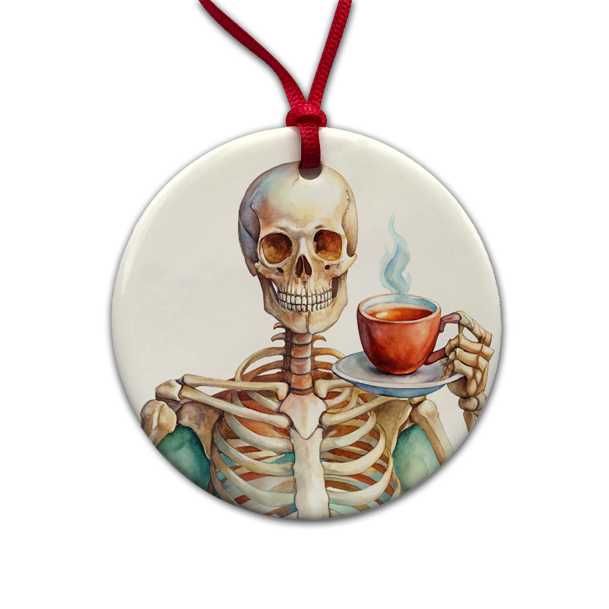 Skeleton Drinking Tea Watercolor Round Ceramic Holiday Christmas Tree Ornament