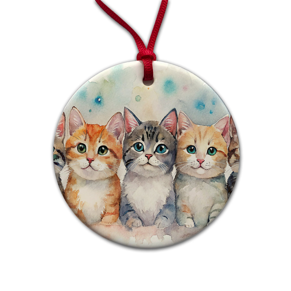 Small Cute Cats In A Row Round Ceramic Holiday Christmas Tree Ornament
