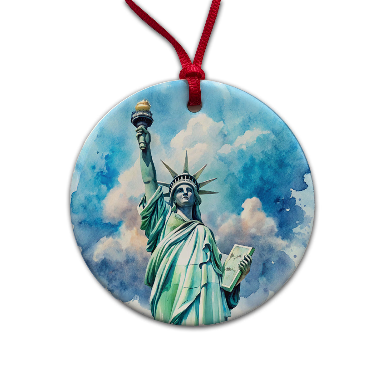 Statue Of Liberty Travel New York Watercolor Round Ceramic Holiday Christmas Tree Ornament