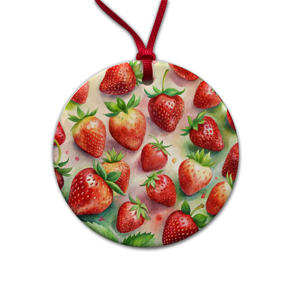 Strawberries Fruit Watercolor Round Ceramic Holiday Christmas Tree Ornament