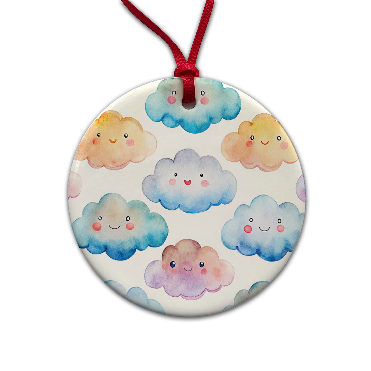 Sweet Smiling Clouds In A Row Watercolor Round Ceramic Holiday Christmas Tree Ornament