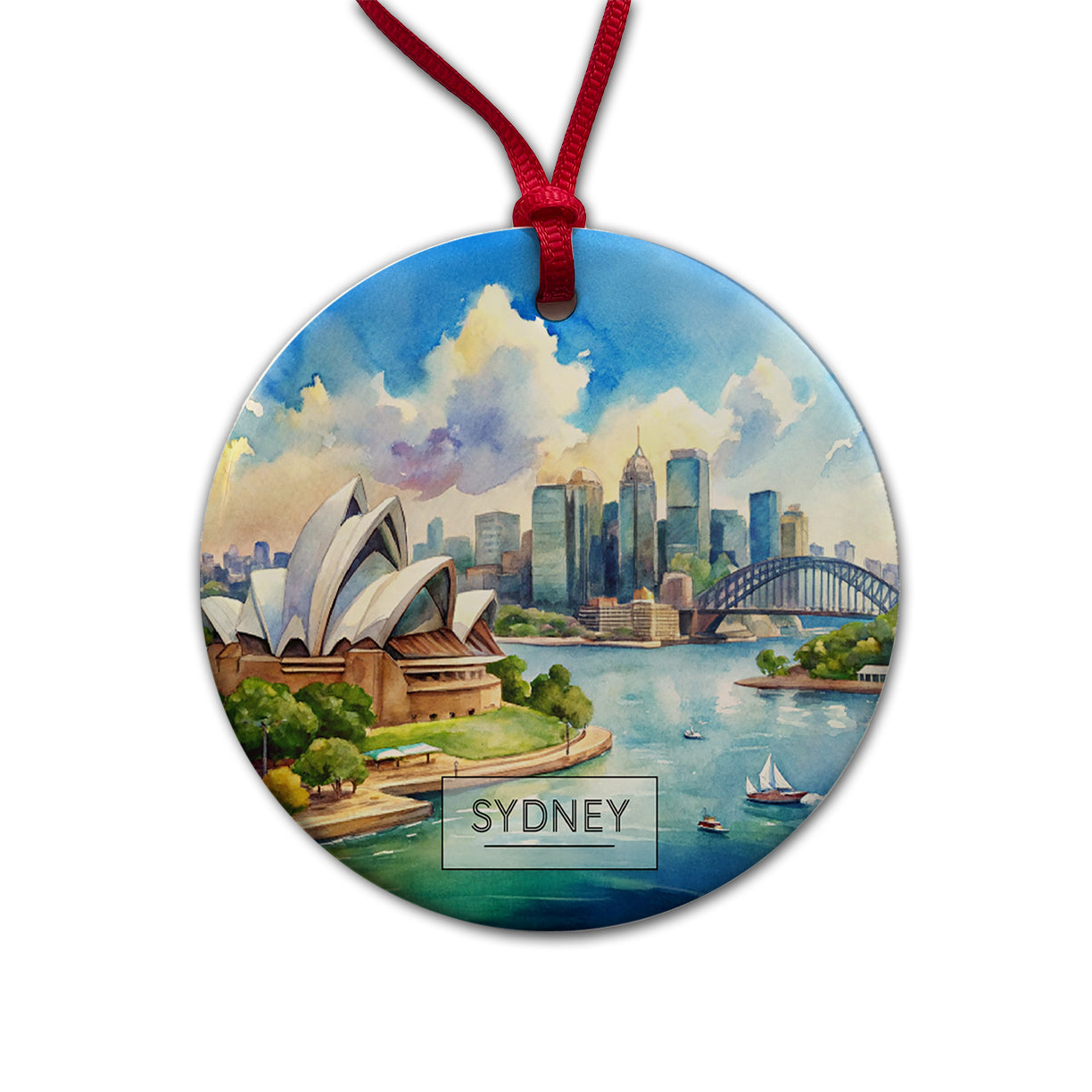 Sydney Australia Opera House Travel City Watercolor Round Ceramic Holiday Christmas Tree Ornament