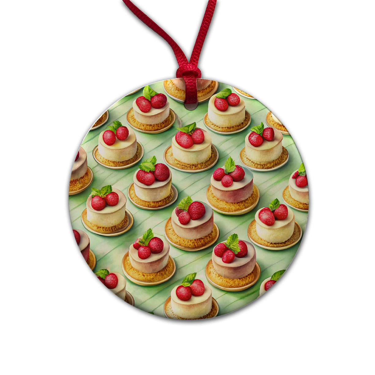 Tiny Cheesecakes On Plates In A Row Round Ceramic Holiday Christmas Tree Ornament