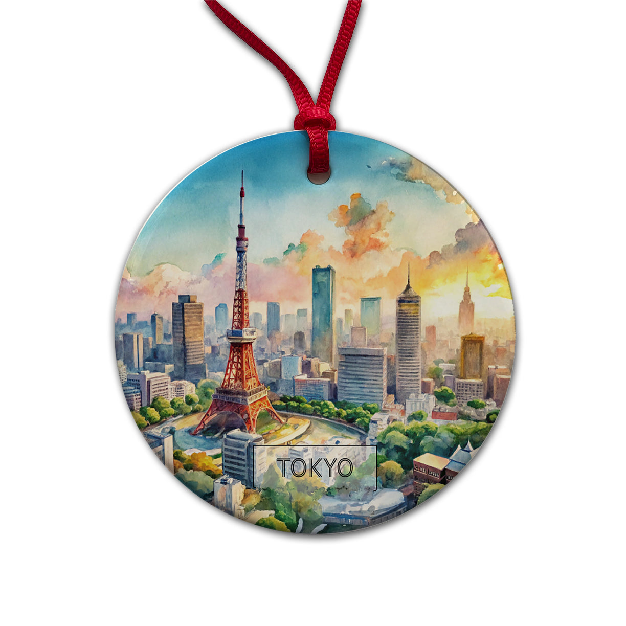 Tokyo Japan Travel City Watercolor Round Ceramic Holiday Christmas Tree Ornament