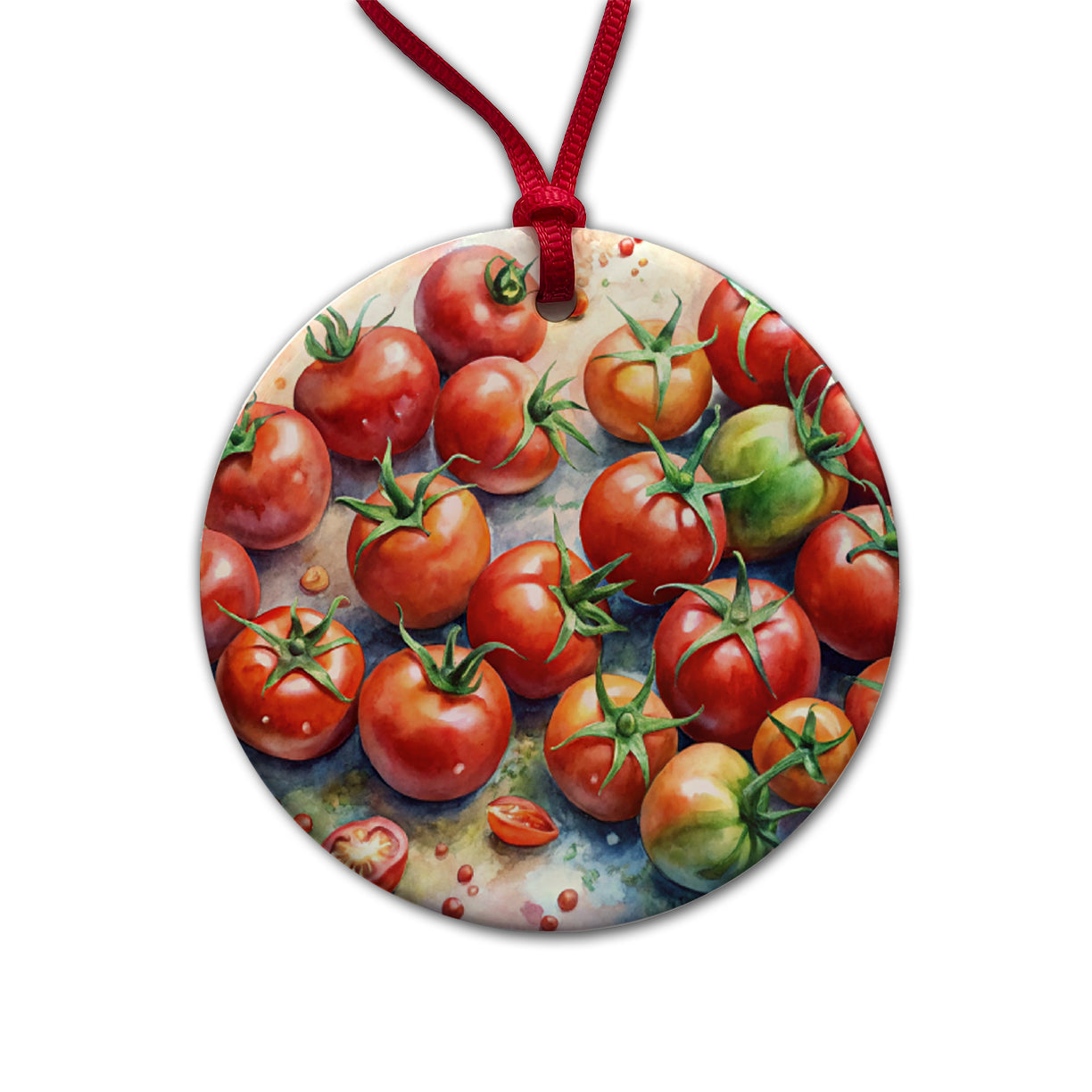 Tomatoes Watercolor Round Ceramic Holiday Christmas Tree Ornament