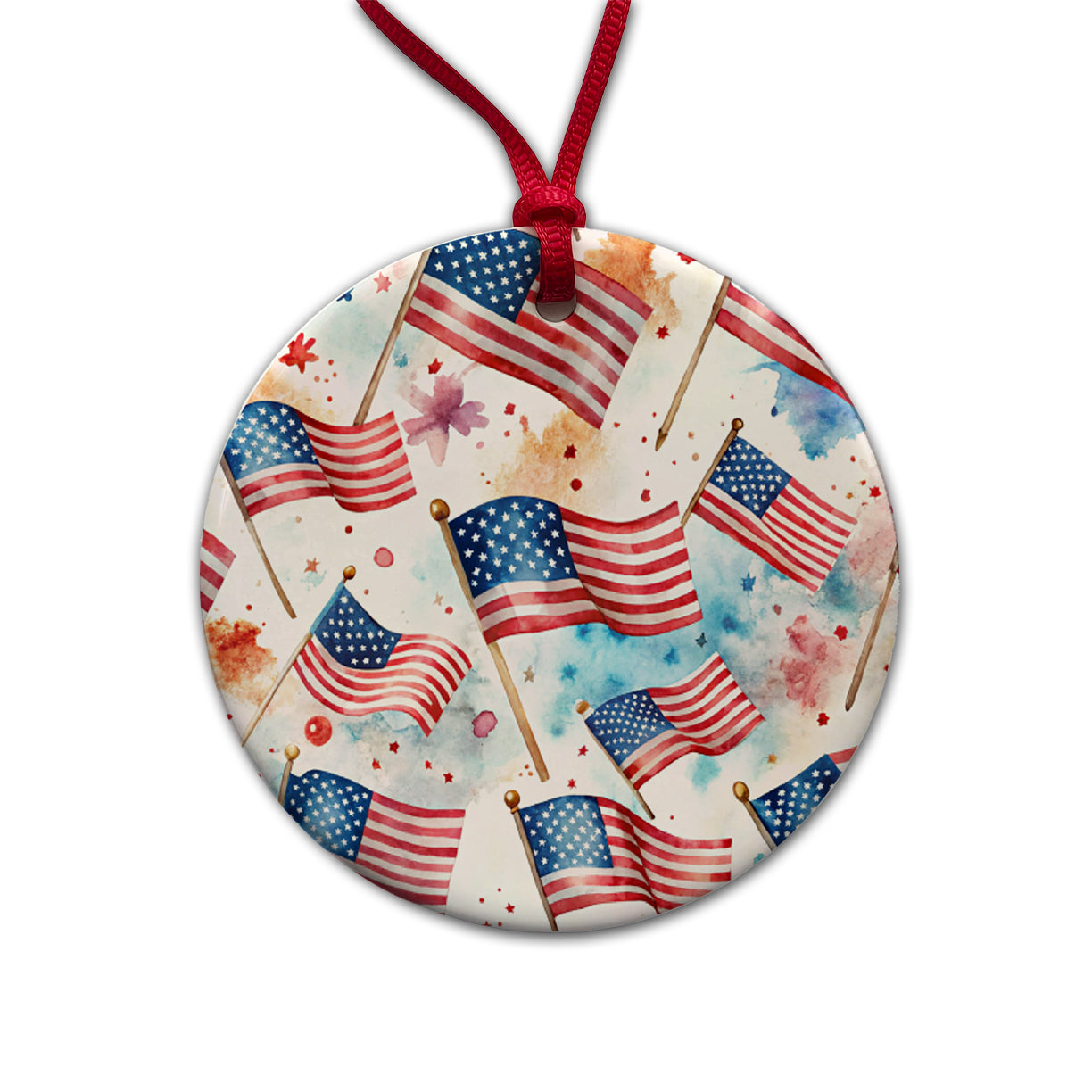USA American Flags Patriotic Watercolor Round Ceramic Holiday Christmas Tree Ornament