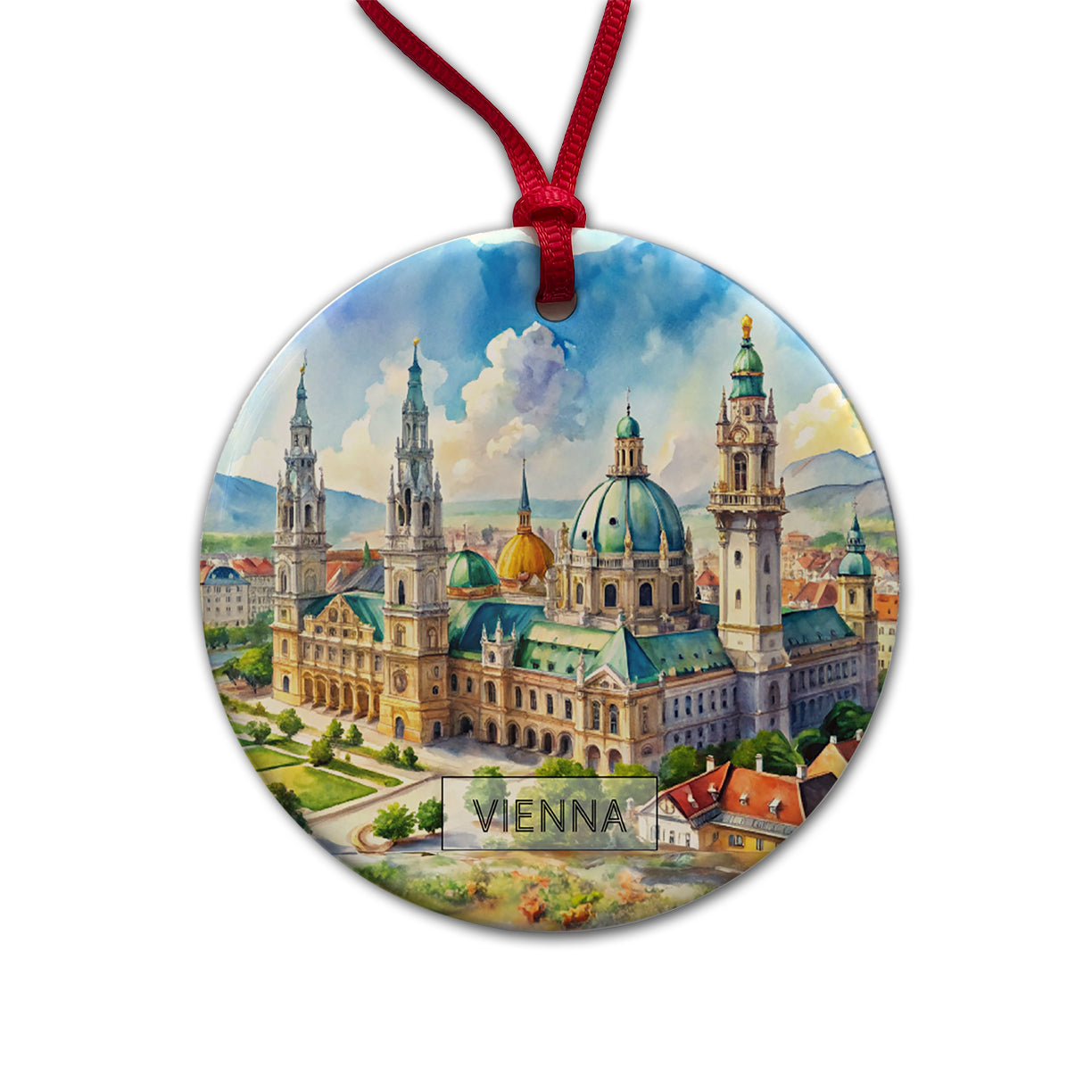 Vienna Austria Travel City Watercolor Round Ceramic Holiday Christmas Tree Ornament