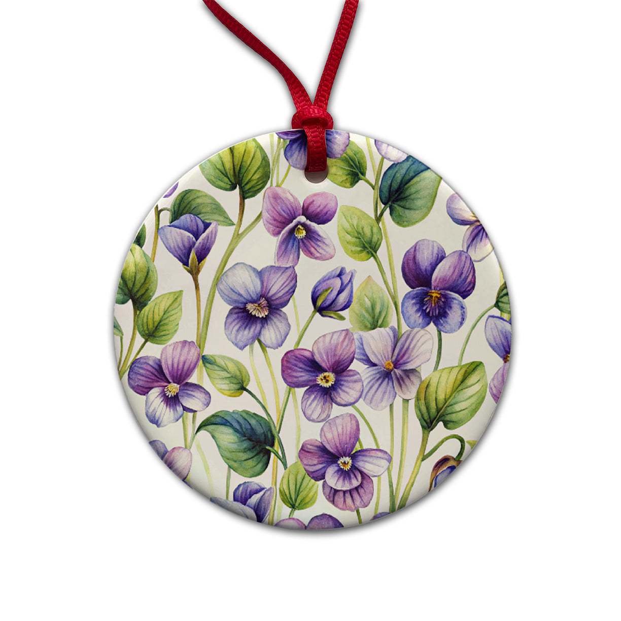 Violets Flowers Watercolor Round Ceramic Holiday Christmas Tree Ornament
