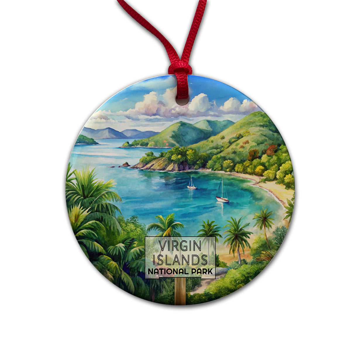 Virgin Islands National Park Watercolor Round Ceramic Holiday Christmas Tree Ornament