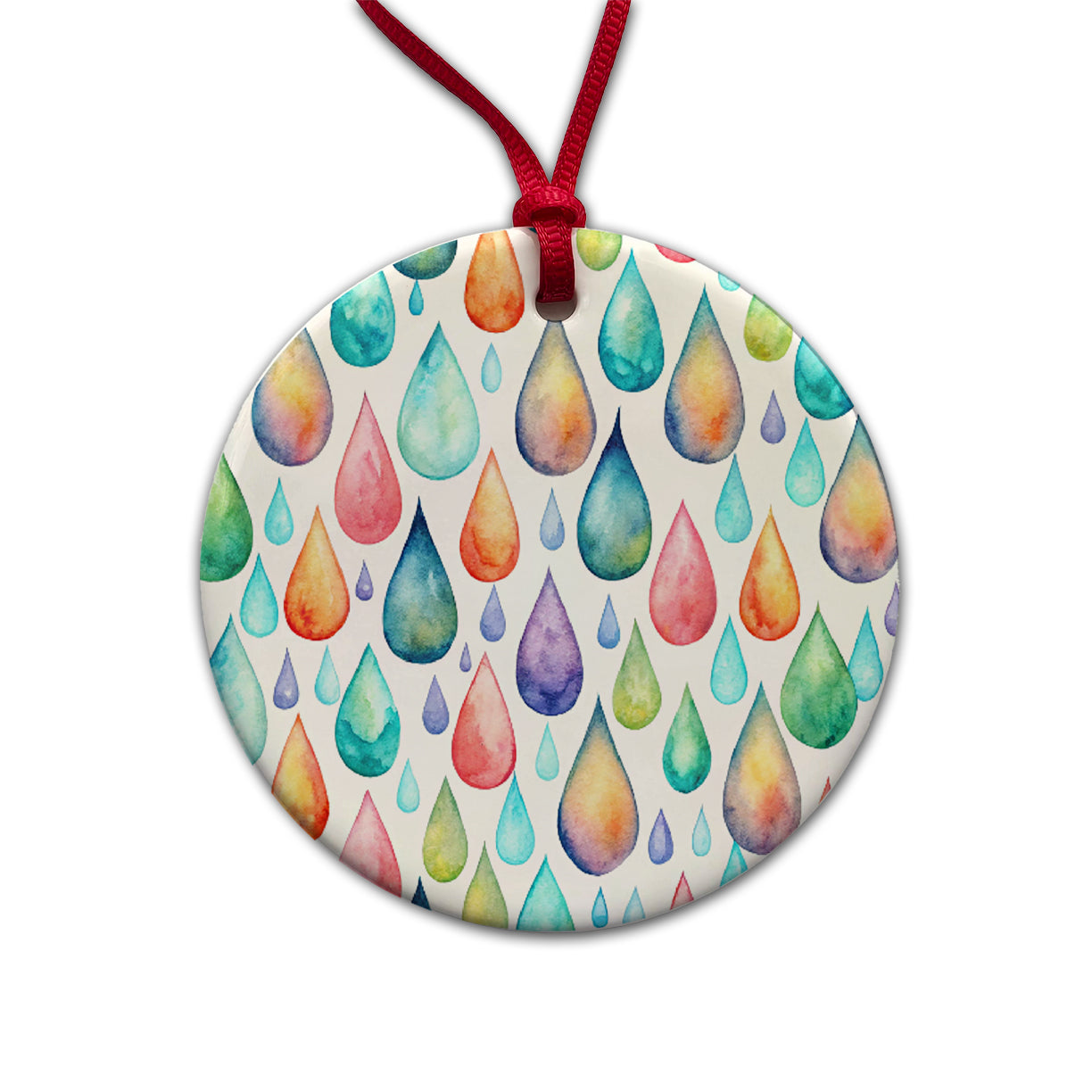 Water Droplets Colorful Watercolor Round Ceramic Holiday Christmas Tree Ornament